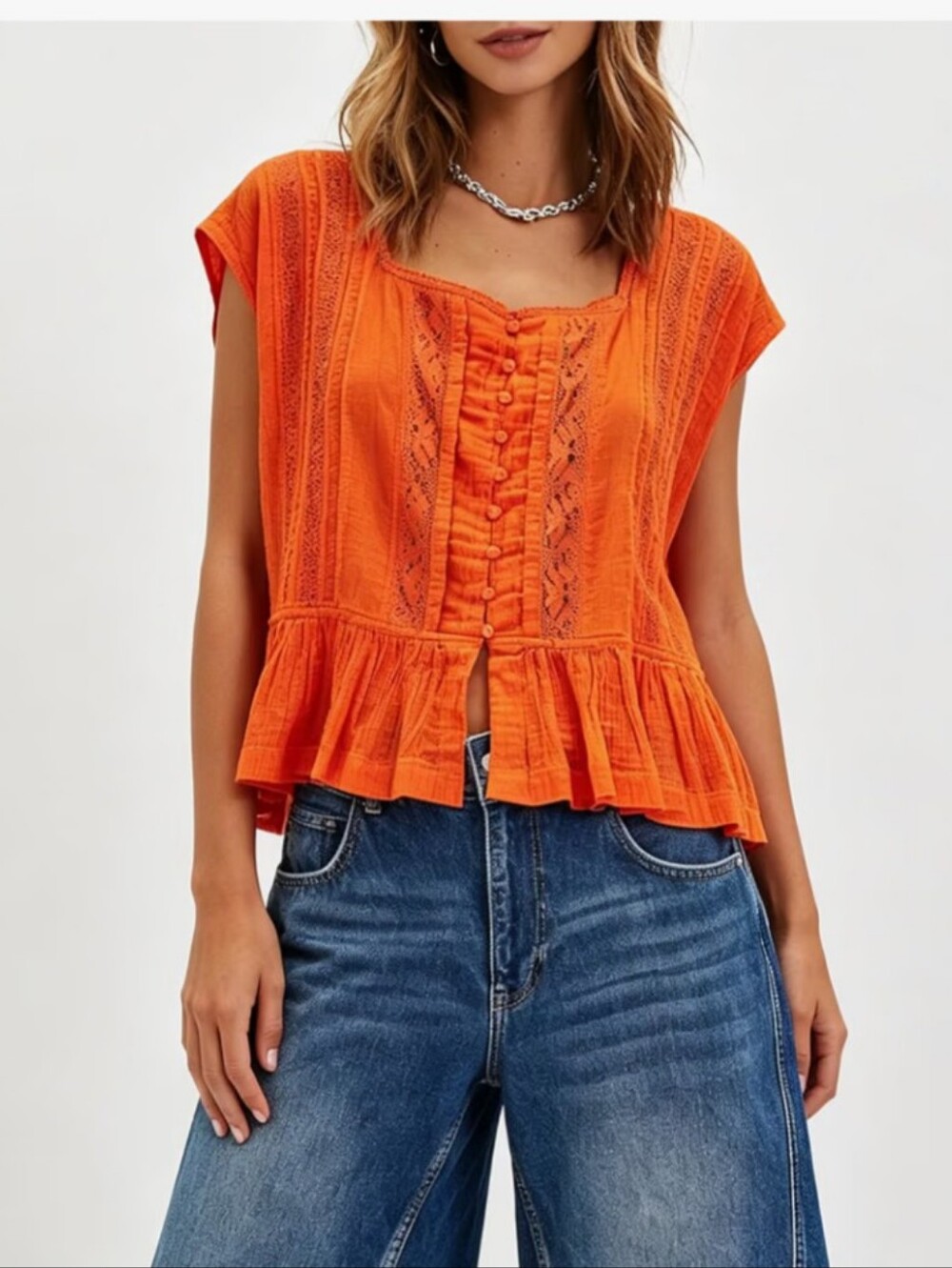Coral lace Top w/short sleeves, button front BNWOT